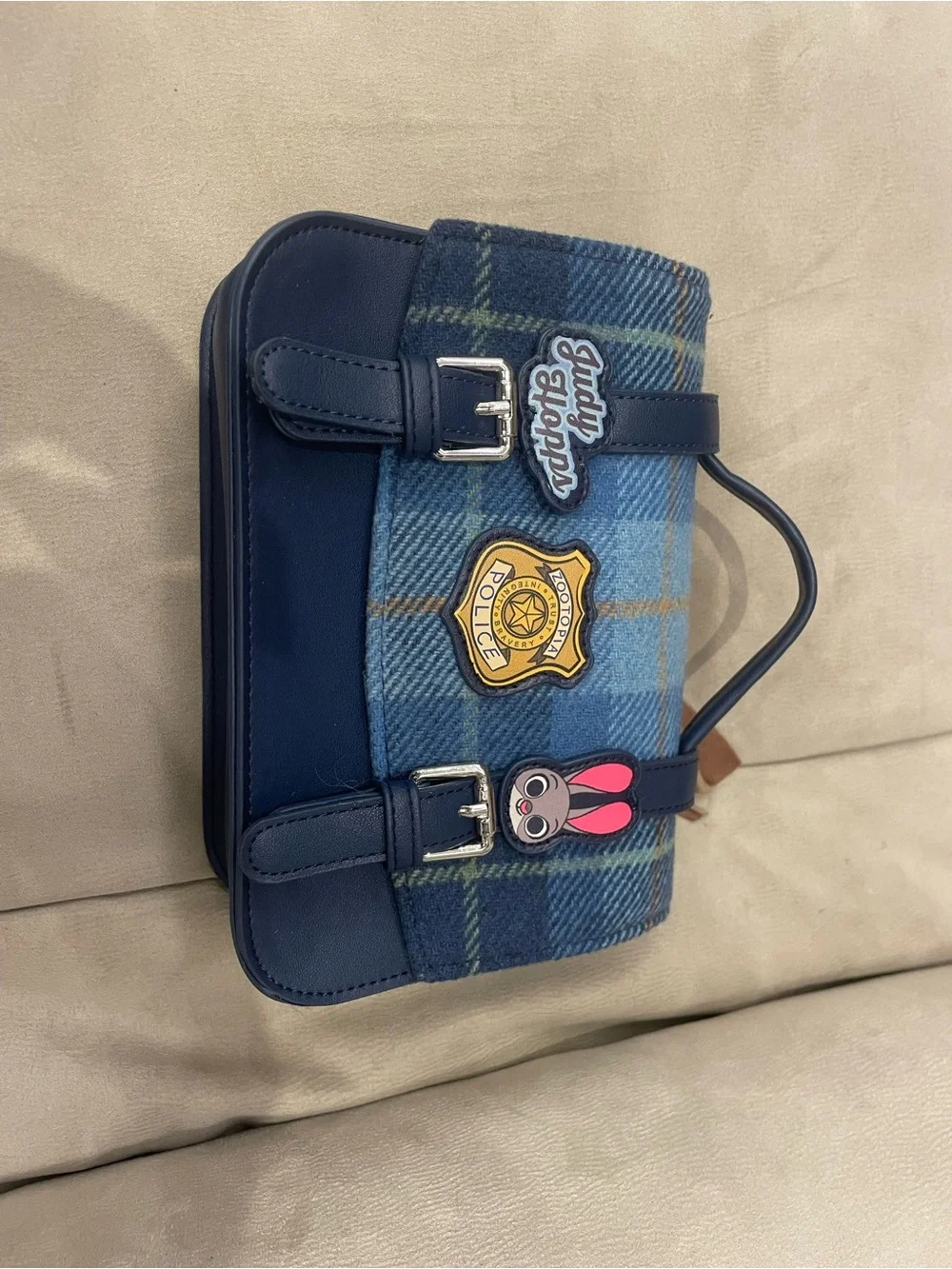 Navy Plaid Top-Handle Bag with Decorative Badges